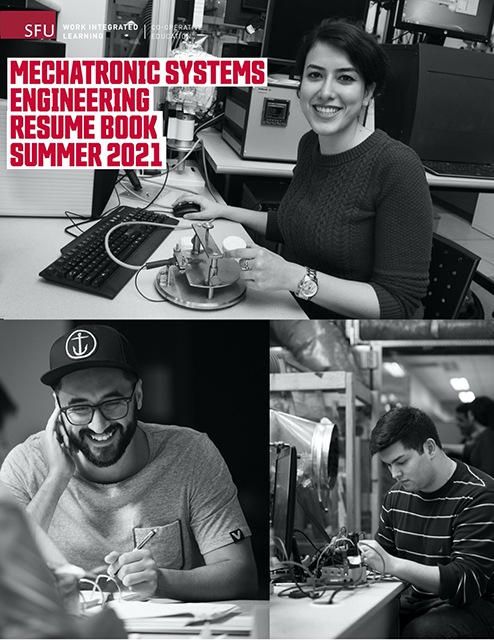 3 black and white pictures of people working on small machines, with red text saying "mechatronics systems engineering resume book summer 2021"