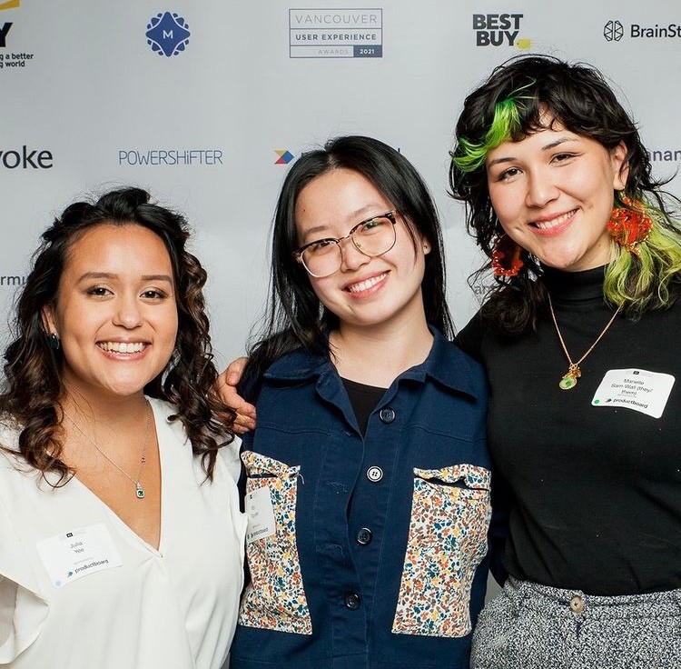 SIAT students Nhi Nguyen, Marielle Wall, and Julia Yee at the 2021 Vancouver UX Awards.