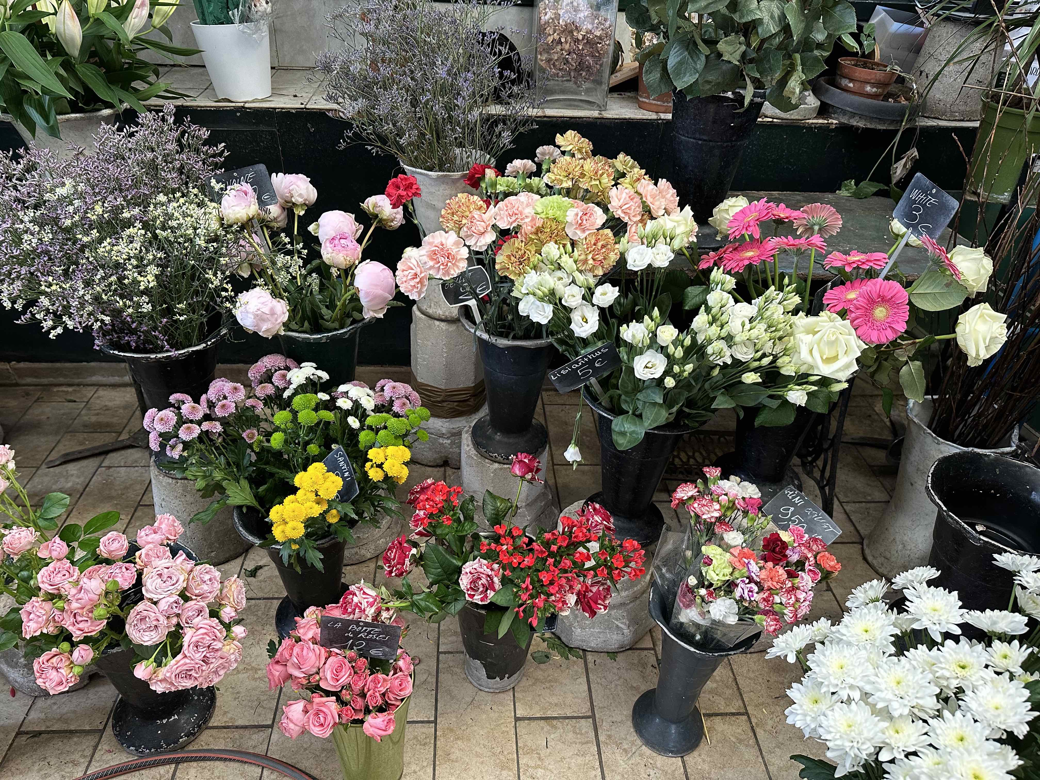 Buckets of flower bouquets