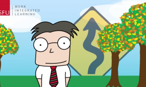 animated man smiling in front of trees and road sign