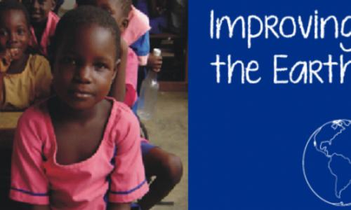 Picture of little Ghanaian girl at school and a sign that reads "Improving the Earth"
