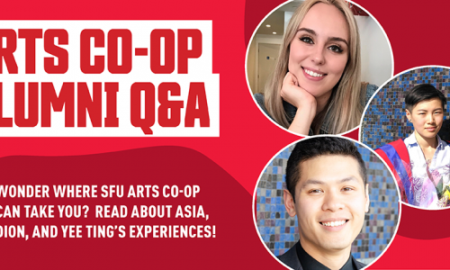 Red banner with 3 student pictures on the right. Text on the left saying "Arts Co-op Alumni Q&A" and "wonder where SFU arts co-op can take you? Read about Asia, Dion, and Yee-Ting's experiences". 