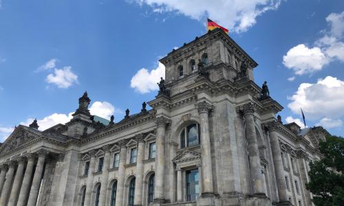Reichstag located at Platz Der Republik. A very large historic government building.