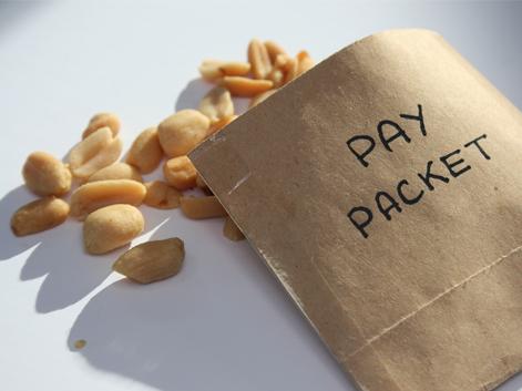 grey paper bag spilling peanuts with the words "pay packet" written on it