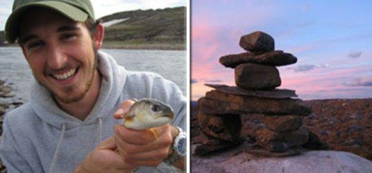 Adam smiling with a fish in hand: picture on the right is of an inukshuk