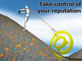 animated man being pulled down a hill an @ sign, underneath the words "take control of your reputation"