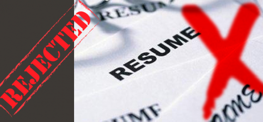 Image reads, "Rejected" in red block letters, with a large X over the word "resume"