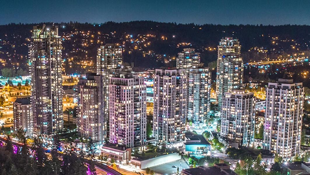 An overview of the city of Coquitlam at nighttime