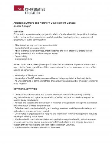 Aboriginal Affairs and Northern Development Canada Junior Analyst Job Description