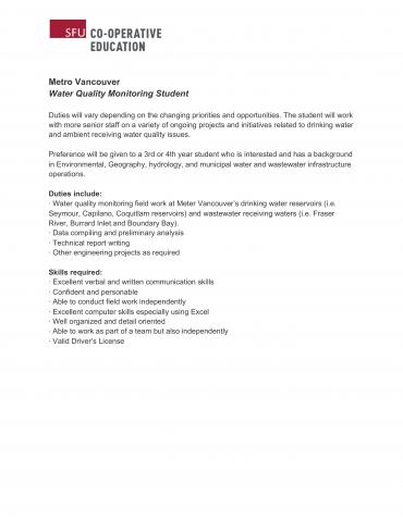 Metro Vancouver Water Quality Monitoring Job Description