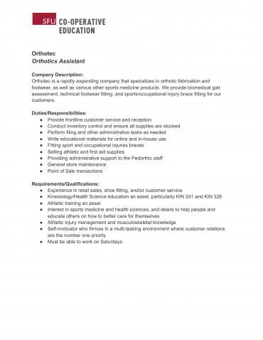 Orthotics Assistant Job Description