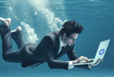 An image of a man diving in a pool while working on a laptop.