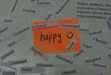 Sticky note with the word happy