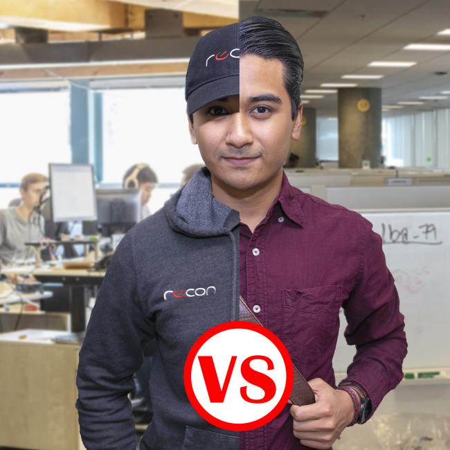A split image of the author in start-up versus corporation attire 