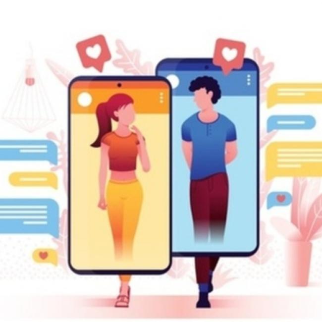 Illustration of a boy and a girl walking next to each other whilst encased in smart phones