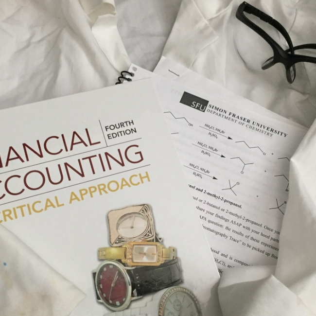 A lab coat and financial accounting book 