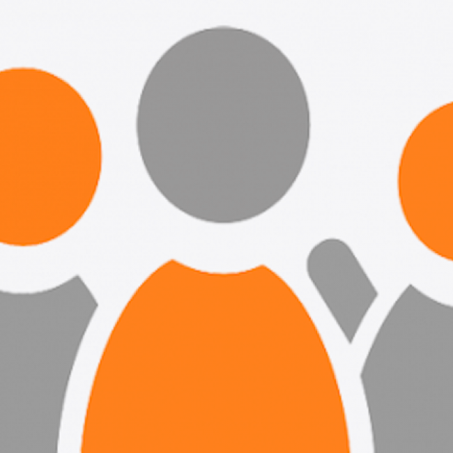A clip art image of three faceless people standing next to each other. A person in the middle has a grey face and orange body, while the remaining people have an orange face and grey body. 