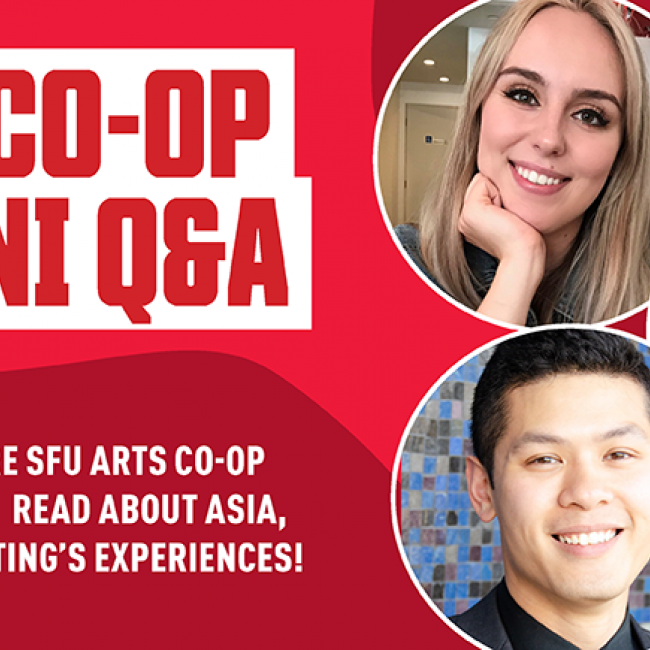 Red banner with 3 student pictures on the right. Text on the left saying "Arts Co-op Alumni Q&A" and "wonder where SFU arts co-op can take you? Read about Asia, Dion, and Yee-Ting's experiences". 