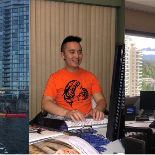 A collage of three pictures - one of a kayaker on the water on the right, a portrait of Justin in the middle, and a desk overlooking a mountain on the right. 