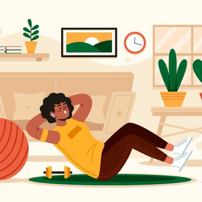 A cartoon image of a woman doing a sit-up in a living room