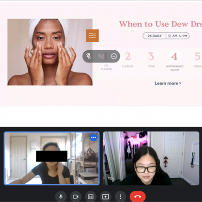 Three people on a Zoom call discussing a cosmetic product