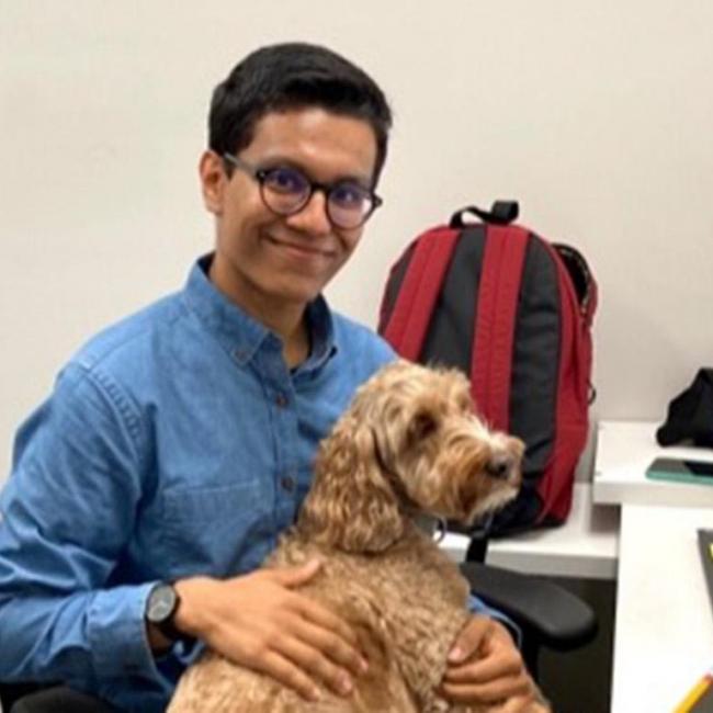 man sitting at office desk holding dog 
