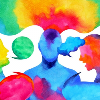 Watercolored illustration of three people talking
